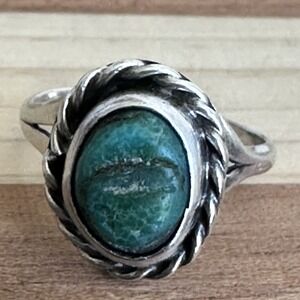 VTG Navajo Old Pawn Pinky Ring Size 2 Turquoise Rope 925 Sterling 1.9g READ